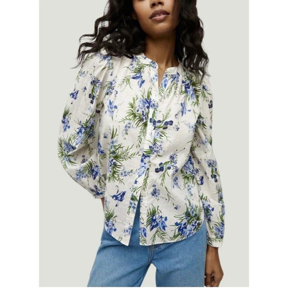 VERONICA BEARD ASHLYNN Cotton Button Down Blouse Floral Shirt Puff Sleeve Size 0